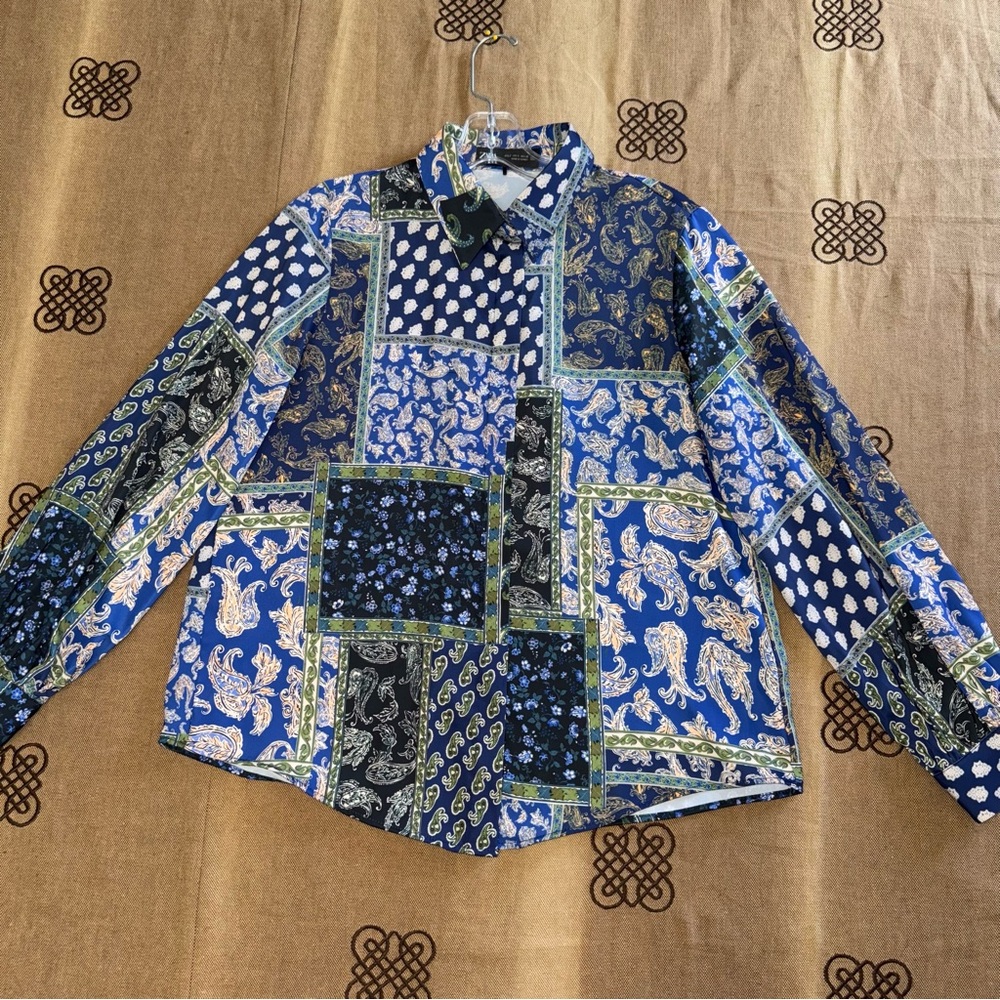 Zara Patchwork Print Satin Effect Long Sleeve But… - image 1